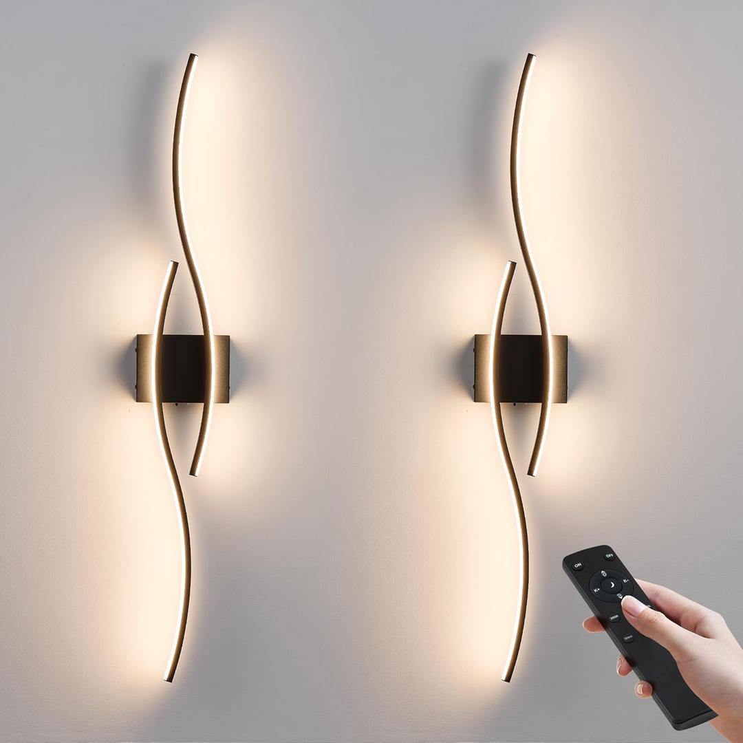 Battery Operated Wall Sconces Set of Two with Remote Control, Dimmable/3 Color/Night-Light/Timer/Memory, Black Modern Wireless LED Sconce for Living Room, Hallway, Bedroom, 39.3 Inch (2 Pack)