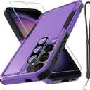 RMOCR Case for Samsung Galaxy S25, Full Body Heavy Duty Rugged Shockproof Protective Phone Cover with Lanyard Strap, Tempered Glass Screen Protector and Camera Lens Cover, Lavender