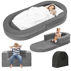 Travel Toddler Bed, 3-in-1 Portable Foldable Toddler Chair, Soft Foam Floor Bed Lounger with Washable Cover, Grey (Medium size)