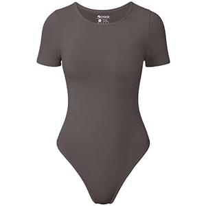 OQQ Womens Bodysuits Crew Neck Short Sleeve BasicStretch Classic-Fit Tops Sexy Bodysuits Tea leaf, XL