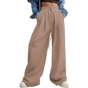 Aleumdr Wide Leg Sweatpants for Women Trendy Fashion High Waisted Drawstring Loose Long Pants with Pockets Size S