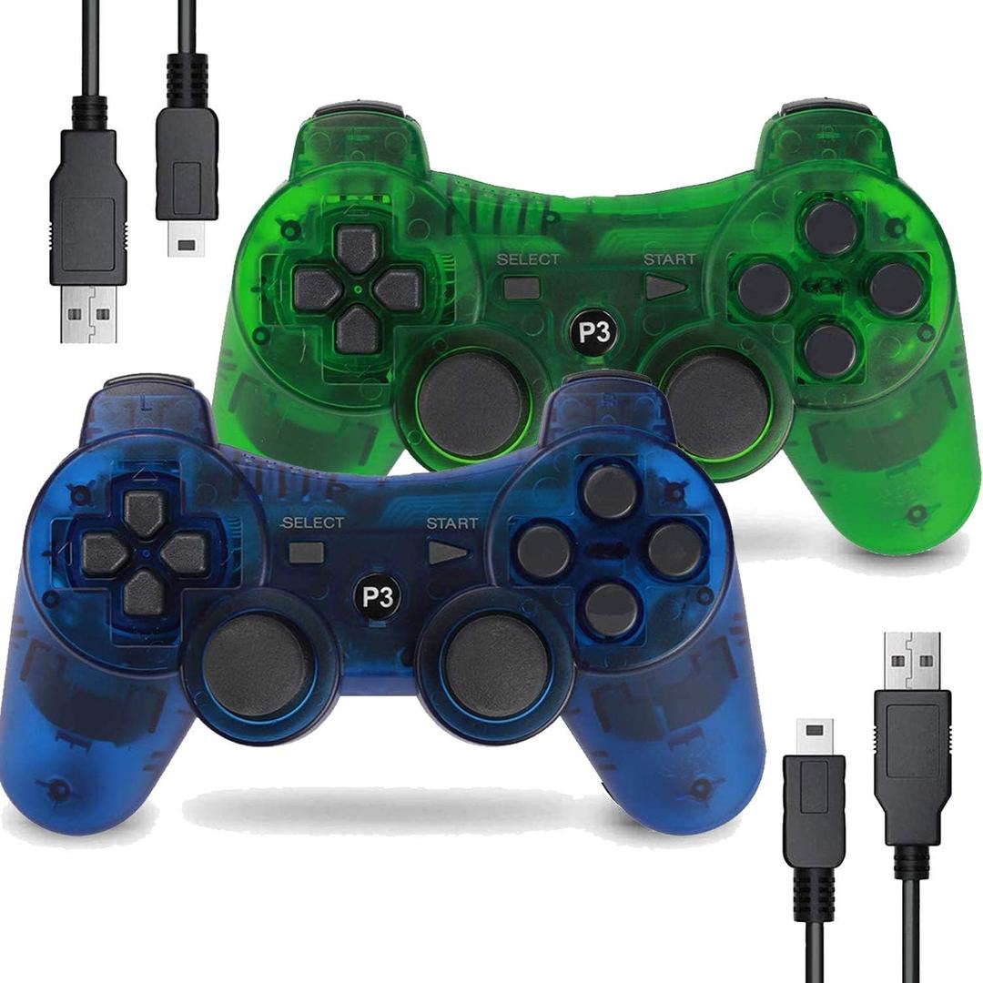 Wireless Controller for PS-3 Motion Sense Double Vibration Upgraded Gaming Remote for Play 3 with Charging Cord (Transparent Green and Transparent Blue)