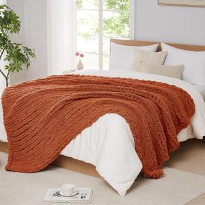 L'AGRATY Chunky Knit Blanket Throw: 60''x80'' Chenille Chunky Knitted Throw Blankets for Bed Couch - Handmade Thick Big Cable Knit Blanket - Large Crochet Rope Blankets for Home Decor(Rusty Orange)