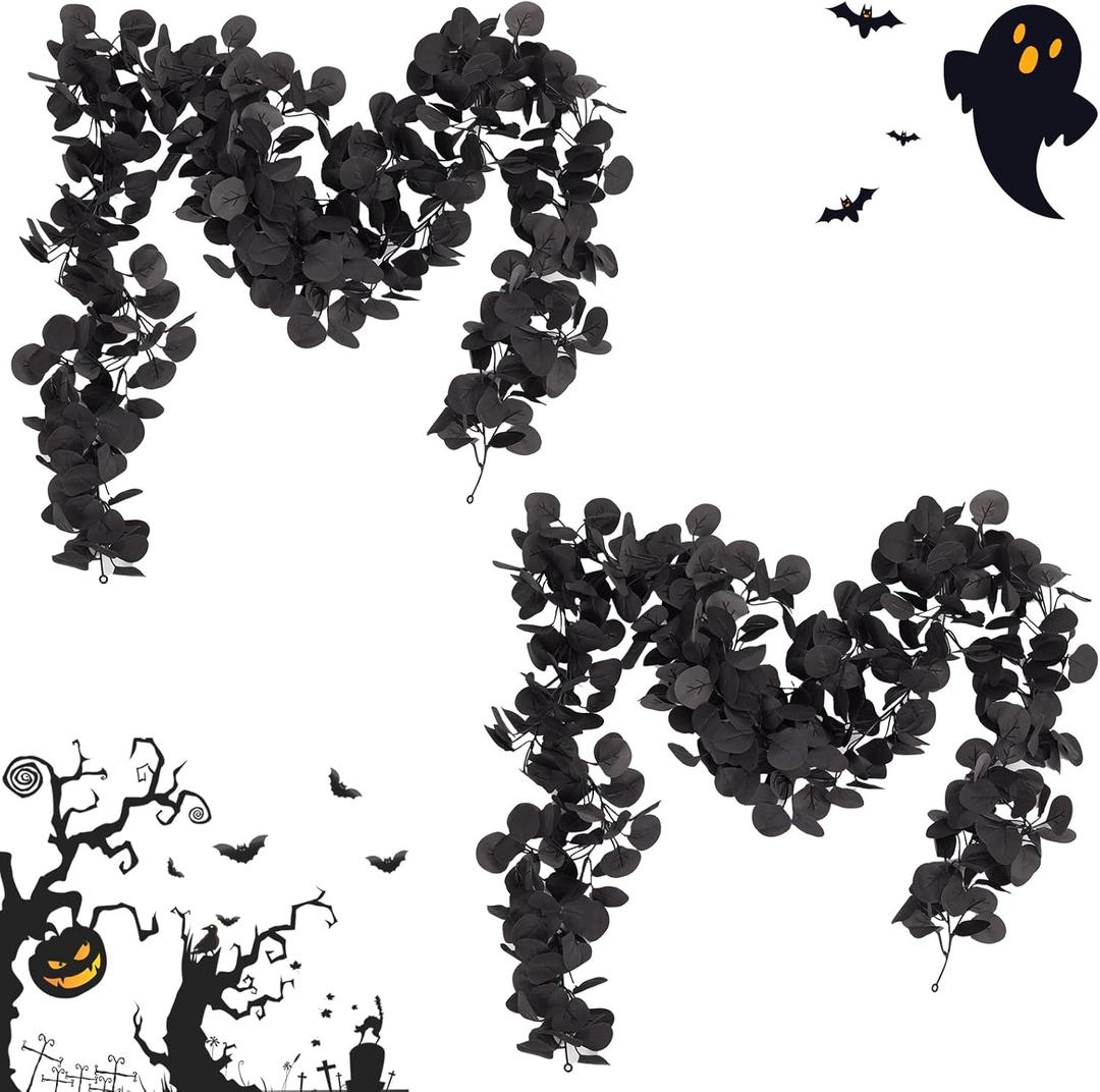 ZeKonan 2 Pack Artificial Eucalyptus Garland, 5.91FT Faux Black Eucalyptus Leaves Vines for Wedding Arch, Table Centerpiece, Wall Decor, Indoor Outdoor Party Fireplace Backdrop Halloween Decoration