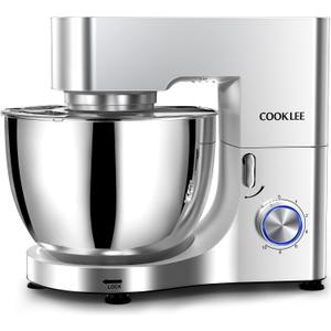 COOKLEE Stand Mixer, 9.5 Qt. 660W 10-Speed Electric Kitchen Mixer with Dishwasher-Safe Dough Hooks, Flat Beaters, Wire Whip & Pouring Shield Attachments for Most Home Cooks, Silver
