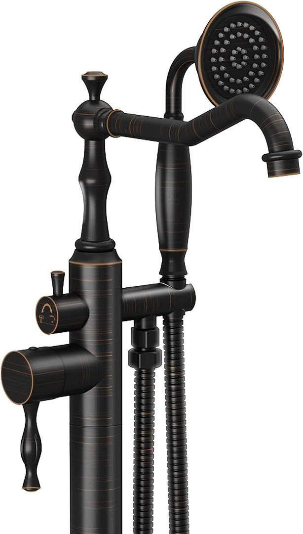 Oil Rubbed Bronze Standing Bathtub Faucet Freestanding Tub Filler High Pressure Single Handle Bathtub Filler Floor Mounted Brass Bathroom Stand Tub Faucets with Handheld Shower