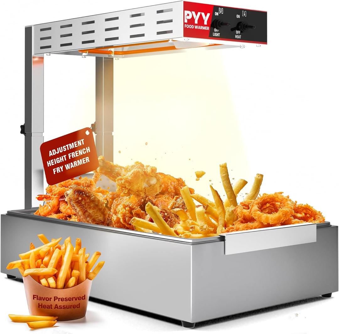 PYY French Fry Warmer - Update Commercial Food Heat Lamp Fry Dump Station Chip Warmer Food Warmer Adjustable Height 7.9"-11" Temp 86F-156F Countertop Freestanding for Restaurant Buffet
