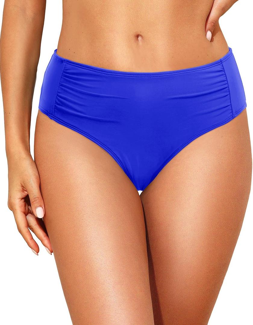 Women Full Coverage Bikini Bottoms - Mid Rise Bathing Suit Ruched Swim Bottom Swimsuit Swimwear (Medium, Royal Blue)