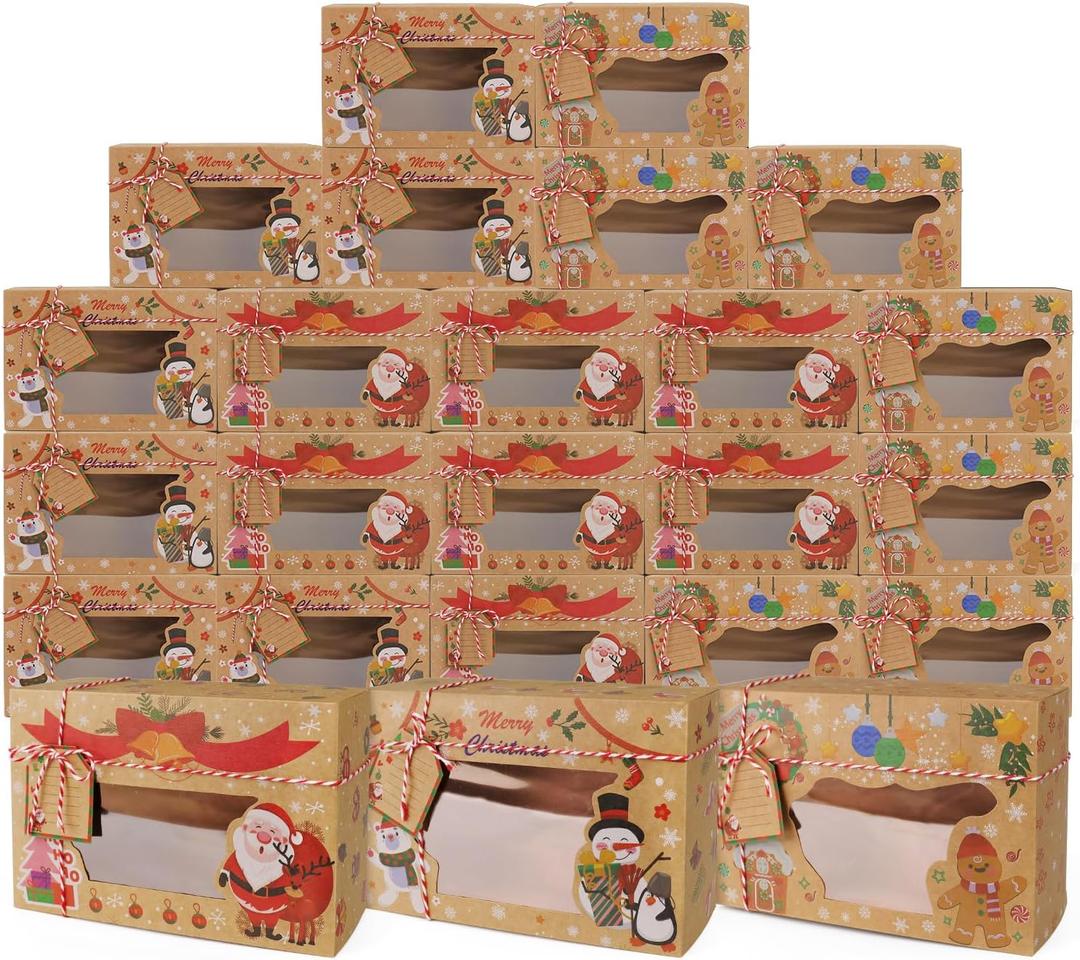 24PCS Christmas Cookie Boxes with PVC Window Kraft Paper Gift Cake Boxes Treat Boxes Chocolate Boxes Cake Boxes with Tags for Holiday Xmas Party Favor Supplies, 3 Styles, 8.7x5.9x2.7inch