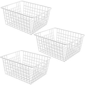 3 Pack Freezer White Wire Baskets for Organizing Office Wire Storage Basket with Built-in Handles, 14" Large White Metal Baskets for Pantry Freezer Kitchen Cabinets