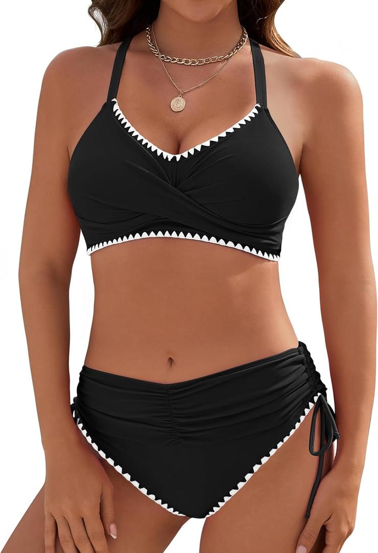 Women's Bikini Sets V Neck High Waisted Swimsuits Shell Stitched Two Piece Swimsuit Tie Side Swimwear (Black, L)
