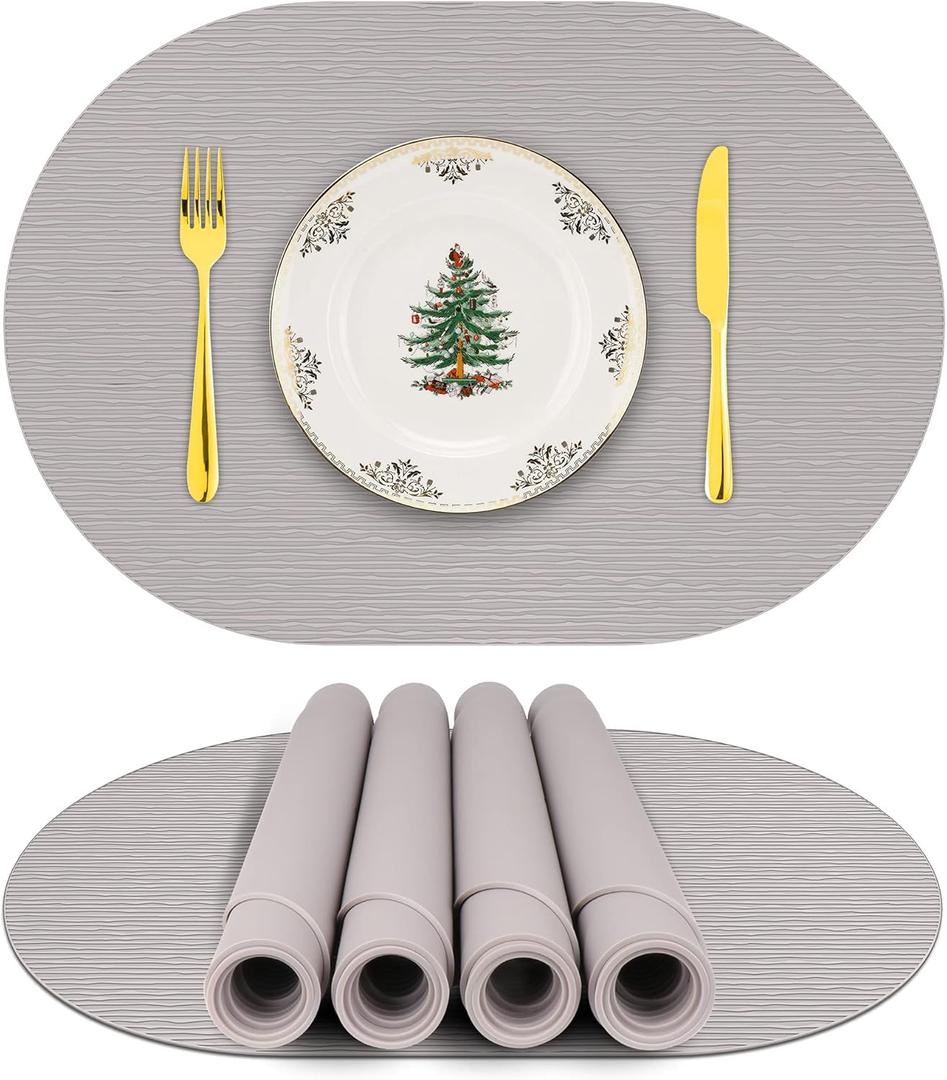 Silicone Placemats, Oval Placemats for Dining Table, Placemats Set of 4, Non-Slip Waterproof Heat Resistant Outdoor Placemat for Patio Table (Light Gray-Oval)