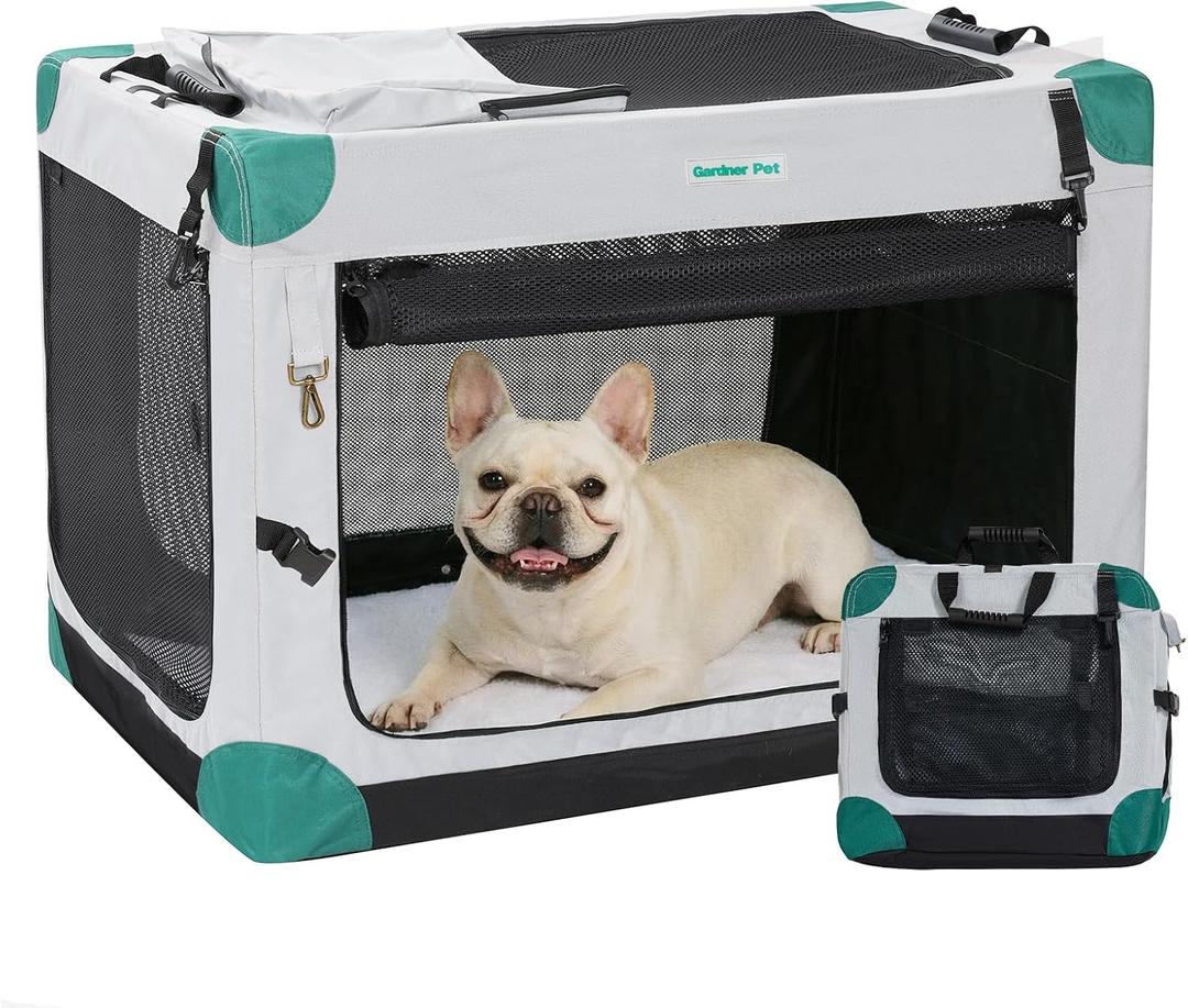 Gardner Pet Soft Collapsible Dog Crate - 26 Inch Portable Travel Dog Crate for Puppy/Small Dogs Indoor & Outdoor, 3-Door Pet Crate with Durable Mesh Windows & Storage Bag, Grey