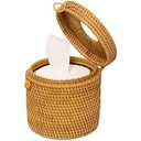 Rattan Tissue Box Toilet Paper Cover Wicker Decorative Holders with Lid 5.9 Dia X 5.5 H in for Storage Single Roll and Tissues Protector in Bathroom, Round Toilet Holder Basket (Honey Brown)