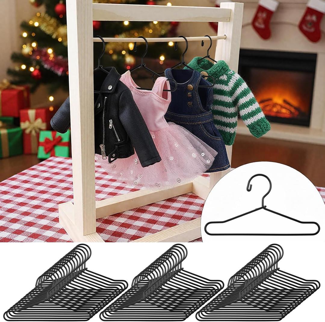 Jenaai 50 Pcs Doll Clothes Hanger 2.56 in Metal Black Doll Outfit Hanger Mini Clothes Hangers for Wardrobe, Dresses, Skirts, and Accessories