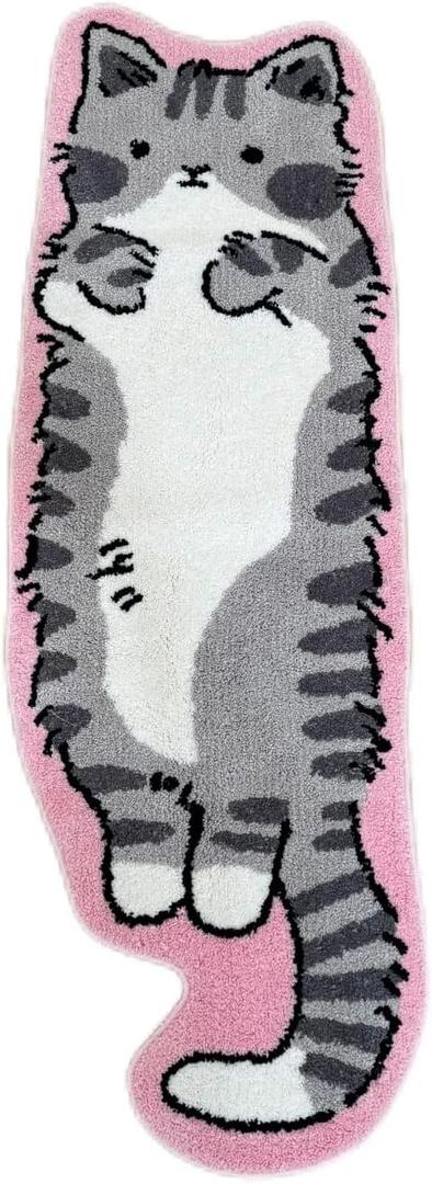 Pink Gray cat Rug - Cat Shaped bathmat - Handmade & Premium- 28in W (70cm) - Kitty Decor - Living Room, Bedroom, Children Room, Door mat - Luxape cat Rug (Luxape-f)
