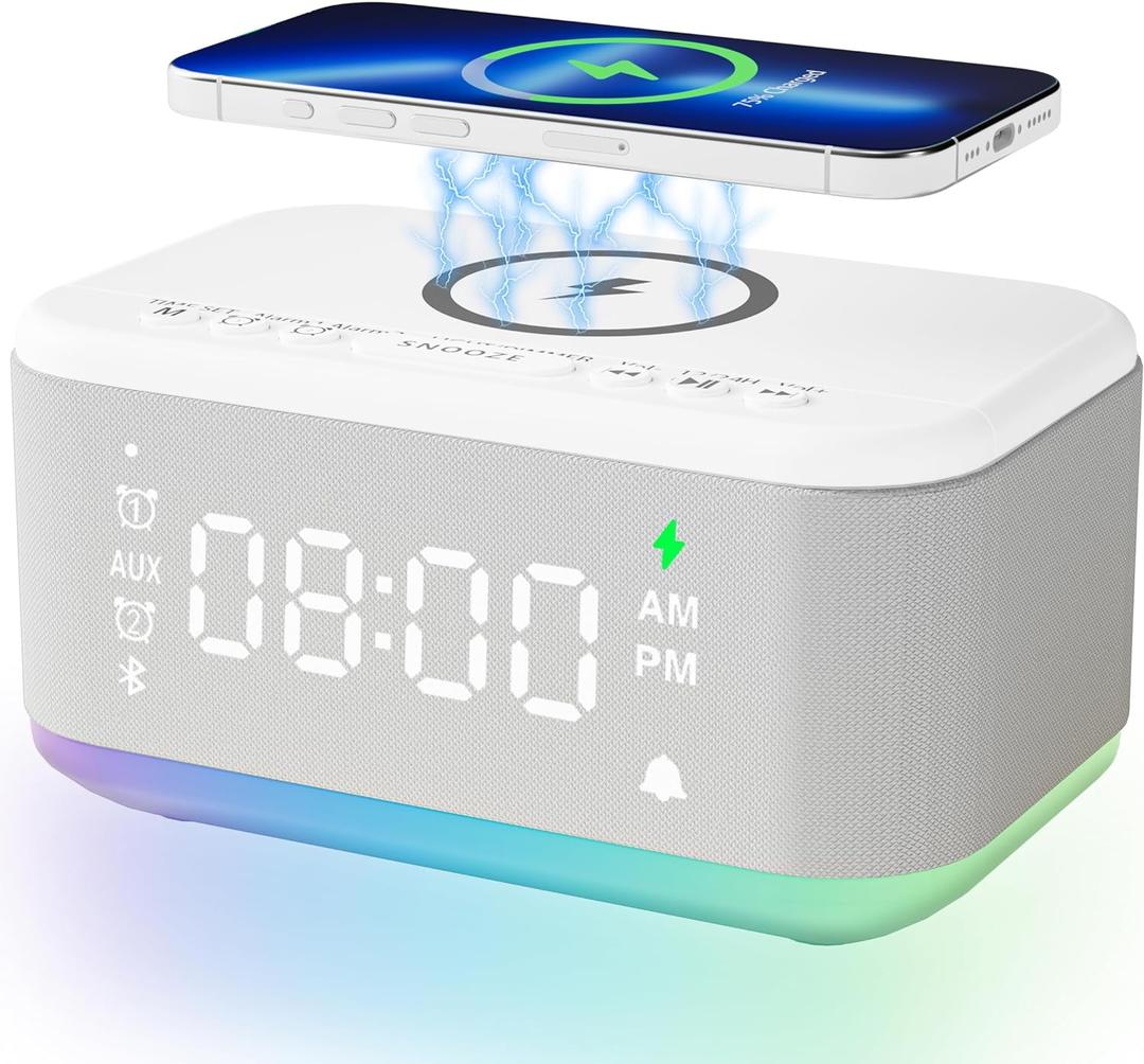 Alarm Clock Speaker Wireless Charger, Digital Alarm Clocks Bedrooms Bluetooth, Alarm Clock Dimmable Light Bedrooms Dual Alarm Snooze Dimmer 12 24H RGB Night Light Bluetooth USB AUX, White