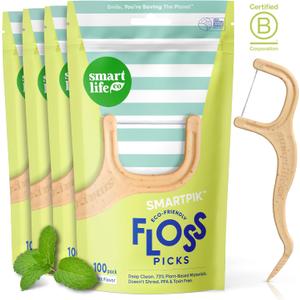 SmartLifeco Eco-Friendly Dental Floss Picks (400ct) - Flossers Made with Straw Wheat Blend, Superior Anti-Shred Thread for Tight Gaps, Tooth Pick Stick for Adults, Soft on Gum & Teeth, Vegan, Mint (1 Count (Pack of 400))