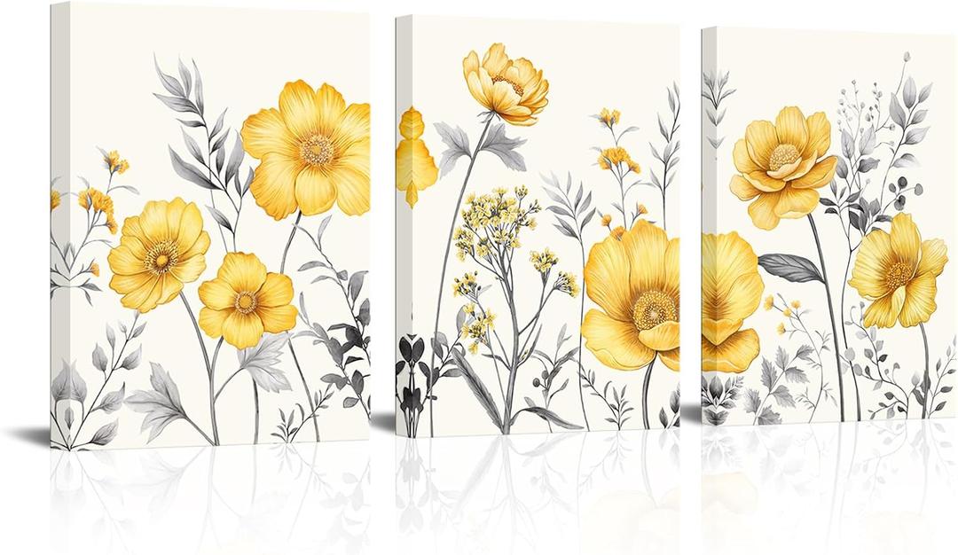 sechars Yellow Flower Canvas Wall Art Vintage Floral Painting Pictures Decor Modern Bedroom Bathroom Decoration (Yellow)