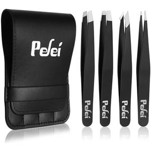 Pefei Tweezers Set - Professional Stainless Steel Tweezers for Eyebrows - Great Precision for Facial Hair, Splinter and Ingrown Hair Removal (Black)