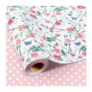 Retrify Pink Flowers Wrapping Paper Roll - 17 Inches x 32.8 Feet Mini Roll Cute Butterfly and Polka Dots Gift Wrap Paper for Mother's Day, Wedding, Birthday, Baby Shower, Holiday