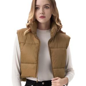 Women's Cropped Puffer Vest Lightweight Sleeveless Warm Vests For Women Winter Stand Collar Padded Gilet (Khaki), Small