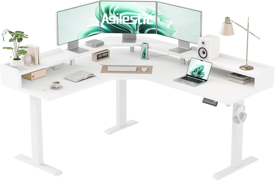 Agilestic L Shaped Standing Desk, Adjustable Height Corner Gaming Desk with Shelf, Sit Stand Up Desk, 63 x 55 Inch Home Office Computer Table, White