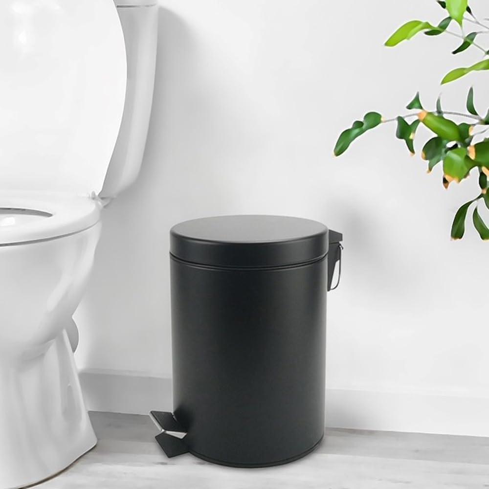 Stainless Steel Small Trash Can with Lid & Step Pedal - 5 Liters/1.3 Gallon Soft Close Waste Basket with Removeable Inner Bucket - Garbage Can for Bathroom, Bedroom, Kitchen & Office (Black) (Round)