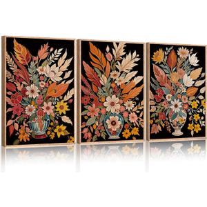 Ausril Large Mid-Century Floral Canvas Wall Art Set of 3-16x24 Inch Framed Vintage Flower Painting, Boho Botanical Print, Colorful Retro Blossom Decor for Living Room, Bedroom, Office
