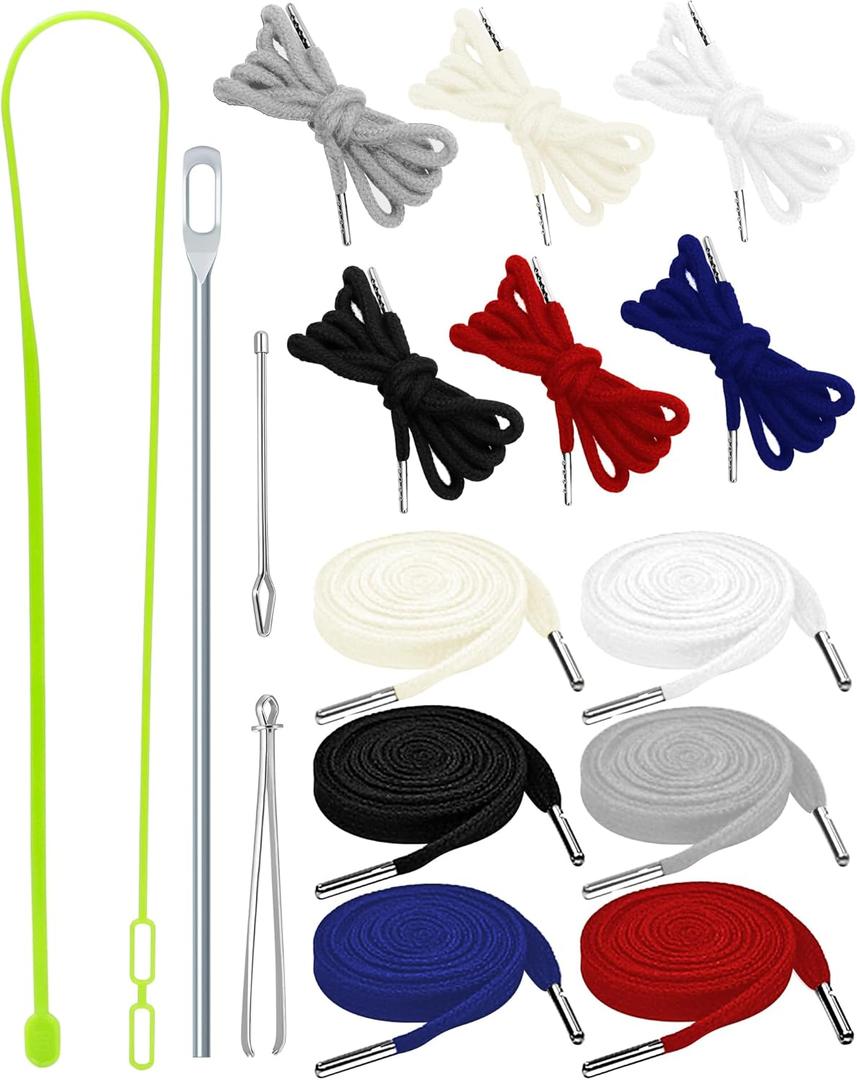 FIVEIZERO 16pcs Drawstring Cord Kit-12pcs Hoodie Strings (Flat & Round,6 Basic Universal Colors) with Drawstring Threader Tools,Bodkin,Rope ThreaderDraw String Replacement for Pants,Shorts,Shoes (52IN)