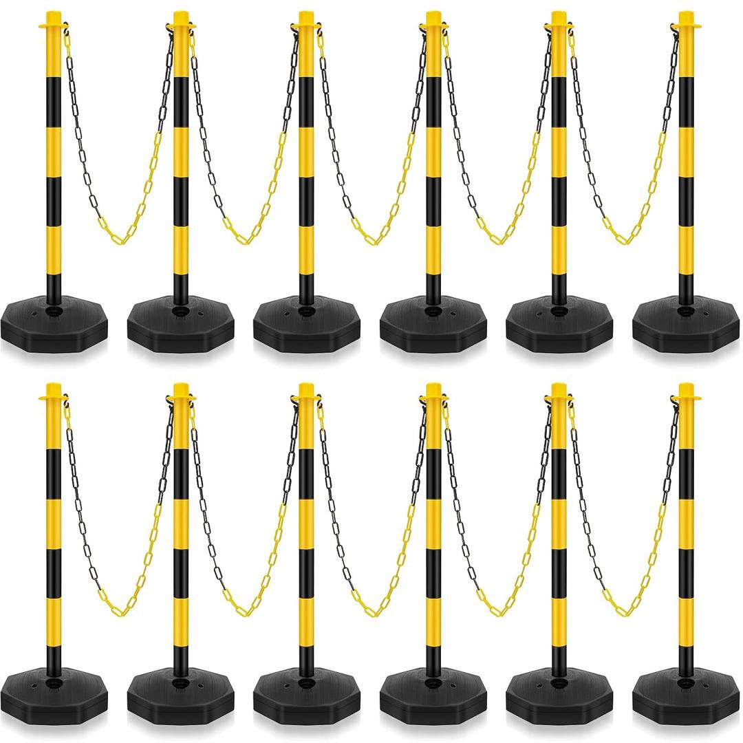 Konohan 12 Sets 34 Inch Parking Cone Delineators Post Traffic Cone Plastic Stanchion Set Stands Parking Barrier with Base 6.6 ft Chain S Hooks Reflective Collar (Yellow,Black)