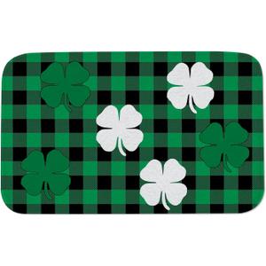 St. Patrick's Day Doormat, Buffalo Plaid Stripes Shamrock Lucky Clover Decorative Doormat, Non Slip Seasonal Low-Profile Floor Mat Welcome Mat for Kitchen Dining Entrance 19.5x31.5Inch