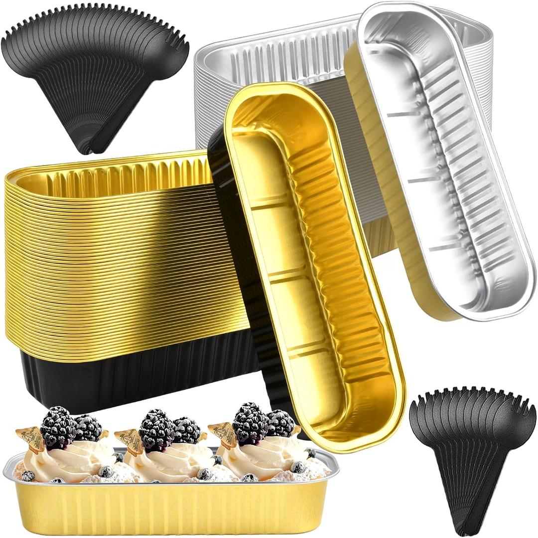 100Pcs Mini Loaf Pans Disposable with Spoons, 6.8Oz Christmas Mini Baking Pans(No Lids), Rectangle Aluminum Foil Muffin Tins Cake Containers for Brownie Bread Wedding Birthday Holiday