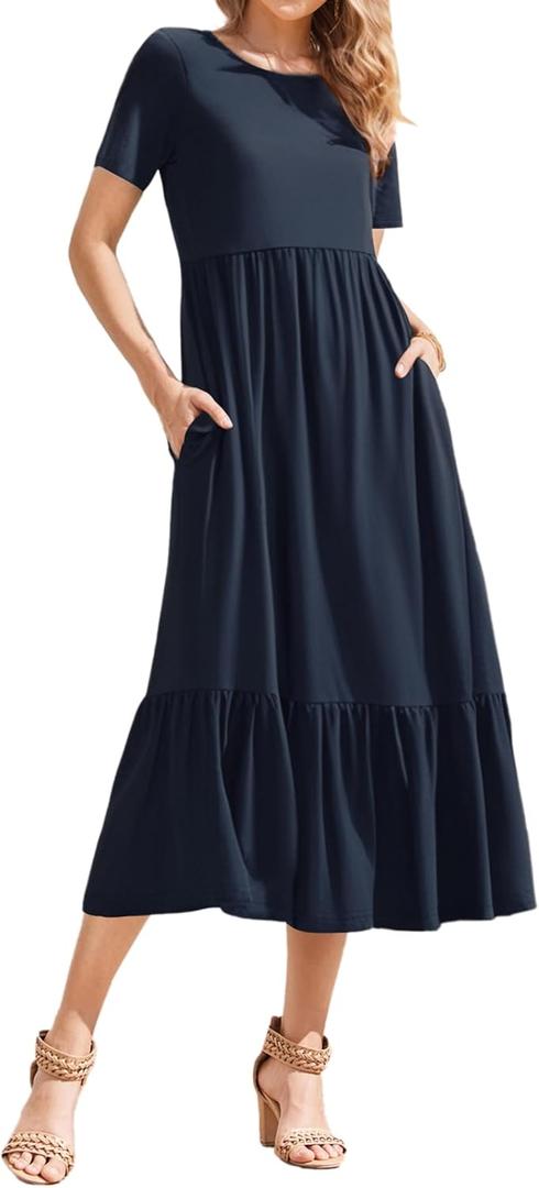 Women's Summer Dresses Casual Short Sleeve Long Dresses Crew Neck Flowy Tiered Maxi Dress with Pockets