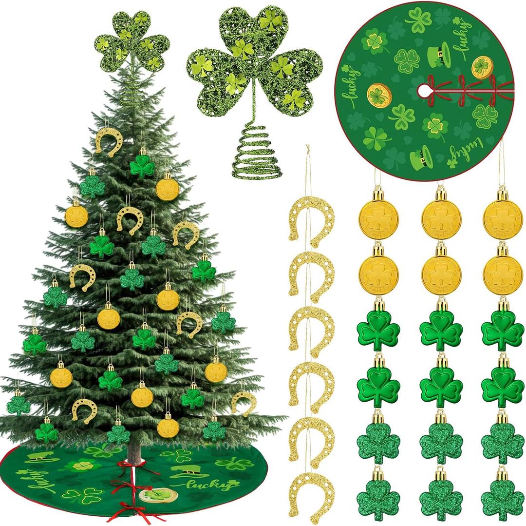 Ceenna 51 Pcs St. Patrick's Day Tree Decorations Set with 48 Shamrock Irish Coins Hanging Ornaments 5.9'' Double Season Clover Treetopper and 40'' Reversible St. Patrick's Day Tree Skirt