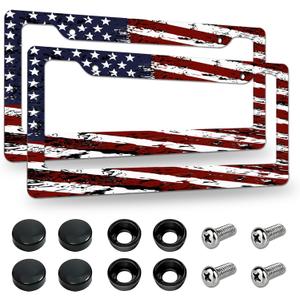 2 Pack License Plate Frames, American Flag License Plate Cover, Universal US Stainless Steel License Plate Holder with Screws for Women Men