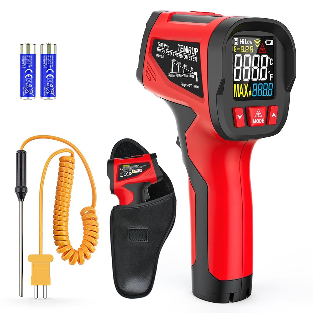 Infrared Thermometer Temperature Gun, TEMIRUP Digital Laser Temperature Gun with Probe for Cooking, Pizza Ovens, Griddles, Meat, HVAC, Non-Contact IR Temp Gun with Adjustable Emissivity, -40F~1472