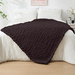 Bigacogo Chunky Knit Throw Blanket for Couch, 40x60 inches, 100% Hand Knitted with Thick Jumbo Chenille Yarn, Cozy Soft Large Rope Knot Cable Crochet Blankets for Sofa Bed Living Room, Chocolate