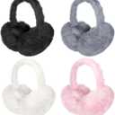 Vegove 4pcs Fuzzy Ear Muffs for Women, Foldable Faux Fur Ears Warmer Fluffy Outdoor Cute Earmuffs Winter Accessories (White/Black/Dark Grey/Pink)