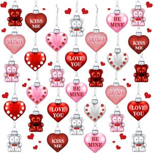 30 Pcs Valentine's Day Heart and Bear Ornaments Hanging Valentines Decorations Red Pink White Valentine Tree Decor Bear Shaped Decorative Heart Shaped Baubles for Home