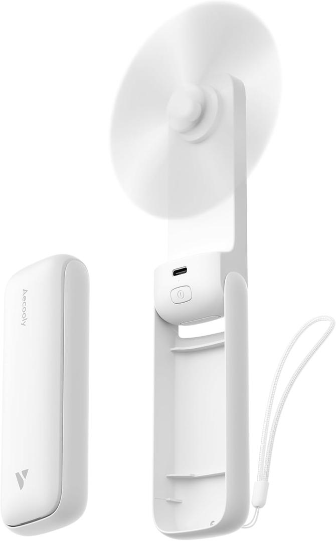 Aecooly Slim Portable Fan, Thin Handheld Fan, USB Rechargeable Mini Personal [24H Max Cooling Time], Battery Powered Small Foldable Pocket for Travel, Summer, Gifts for Women, Girls -White (1 Pack without Mirror)