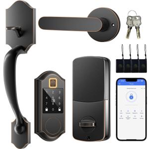 Fingerprint Smart Front Door Lock Set, Keyless Entry Door Lock with Handle, Smart Door Locks, Front Door Handle with Keypad and Deadbolt, APP Control, Touchscreen, Oil Rubbed Bronze