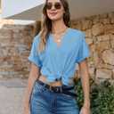 Uhiger V-Neck Summer Tops for Women Light Blue Shirts Fitted Button Down Blouses Dressy Casual Short Sleeve Leisure Cruise Clothes with Rolled Cuffs (Blue, S)