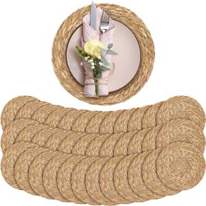Aneco 36 Pack 12-Inch Round Woven Placemats Natural Hand-Woven Boho Rattan Wicker Bulrush Placemat Farmhouse Rustic Braided Table Mats for Dining & Kitchen Decor