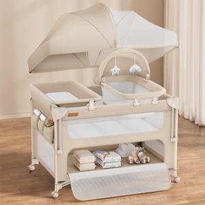 ANGELBLISS Baby Bassinet Bedside Crib, 5-in-1 One-Push Instant Fold Pack and Play with Changing Table, Napper Bassinet, Mattress & Mosquito Net, Portable Playard for Newborns to Toddlers (Khaki)