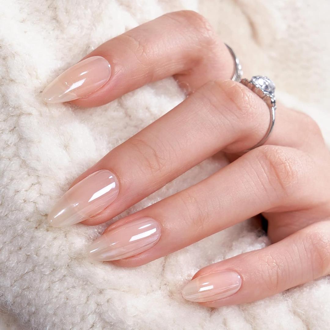 BTArtbox Press On Nails Medium Almond - Press on Nails Chrome Nails, Light Weight & Fit Perfectly Fake Nail with Nail Glue, Nude Glue On Nails in 16 Sizes, Glazed Donut