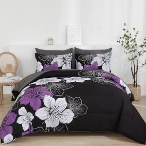 Luxudecor Floral Comforter Queen Size, Purple Floral Comforter, Soft Microfiber Complete Bedding Sets for All Seasons