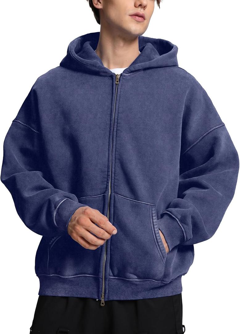 Dnzzs Mens Zip Up Hoodie Oversized Acid Wash Hoodie Heavyweight Fleece Full Zipper Vintage Sweatshirt Fall Fashion Zip Jacket M