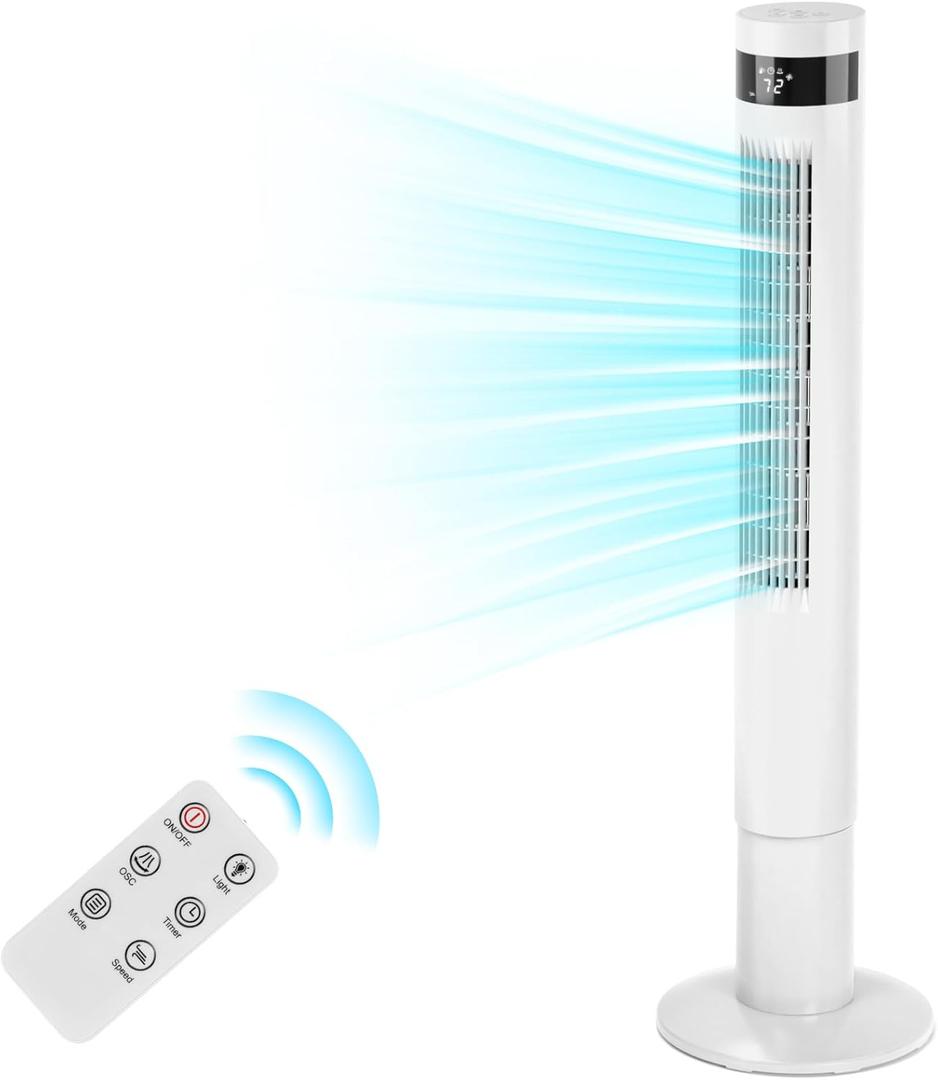 Antarctic Star Tower Fan Portable Electric Oscillating Fan Quiet Cooling Remote Control Standing Bladeless Floor Fans 3 Speeds Wind Modes Timer Bedroom Office (43 inch, White)
