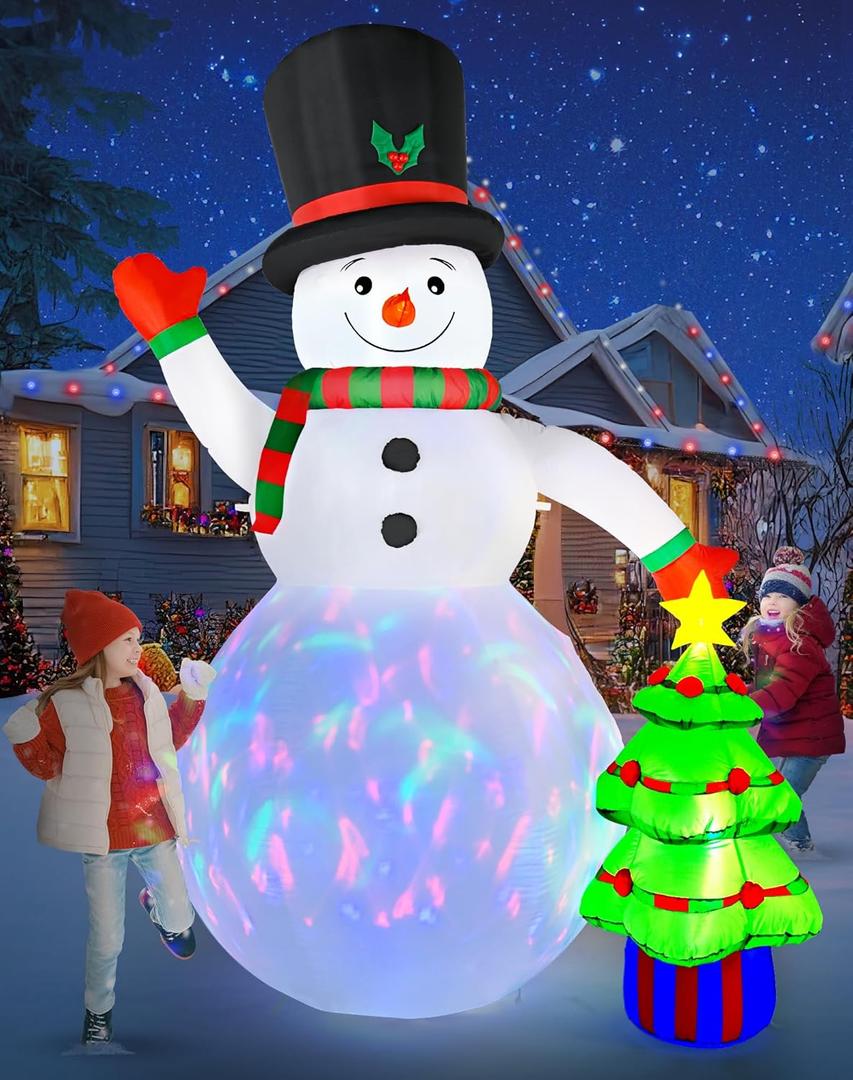 8FT Christmas Inflatables Snowman Outdoor Decorations with Christmas Tree Built-in Colorful Rotating LED Lights Christmas Snowman Blow Ups Decorations for Yard Garden Outside Lawn Xmas Holiday Decor